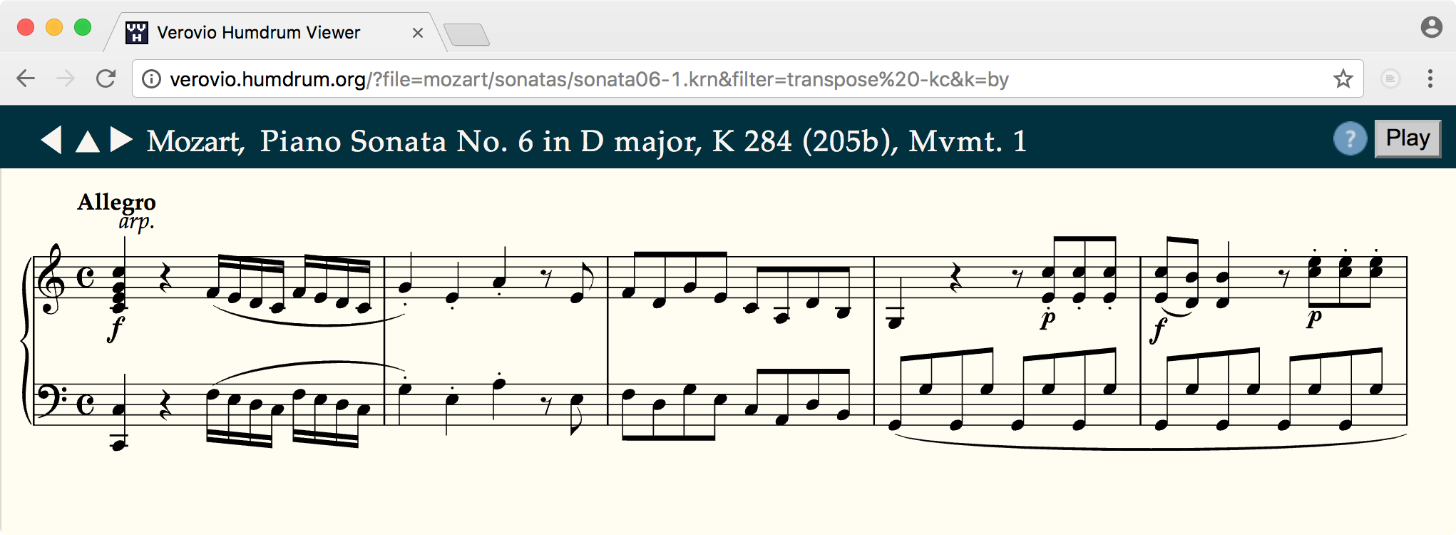 Mozart sonata k284 transposed to C major, in data as well