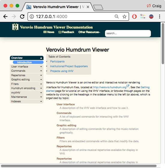 VHV documentation running on local webserver.