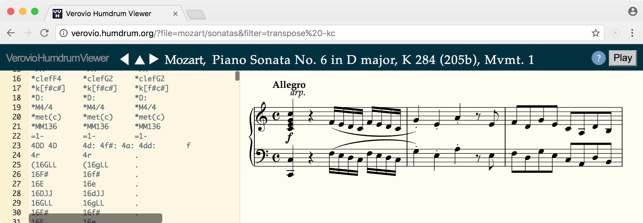 Mozart sonata k284 transposed to C major
